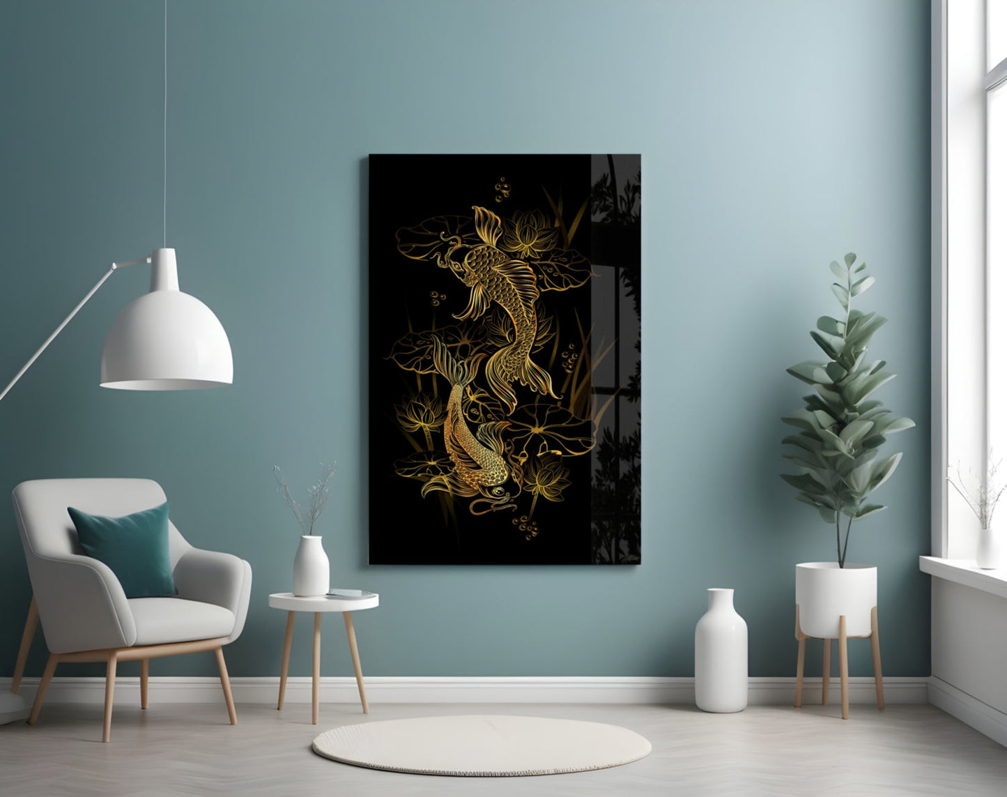 Black glass wall art with gold yin-yang dragon design displayed in minimalist turquoise room with white chair and plants.
