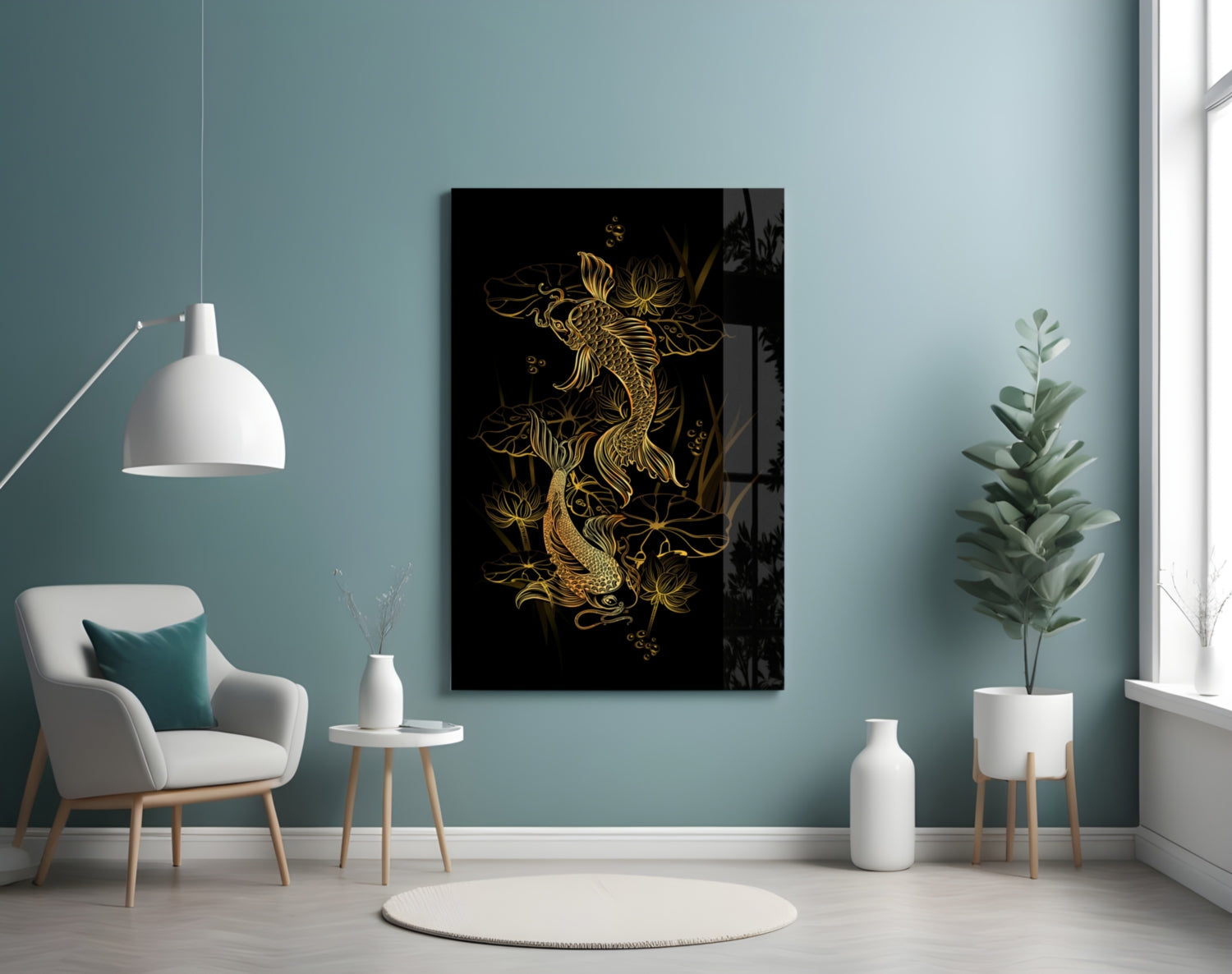 Black glass wall art with gold yin-yang dragon design displayed in minimalist turquoise room with white chair and plants.