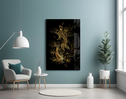 Black glass wall art with gold yin-yang dragon design displayed in minimalist turquoise room with white chair and plants.