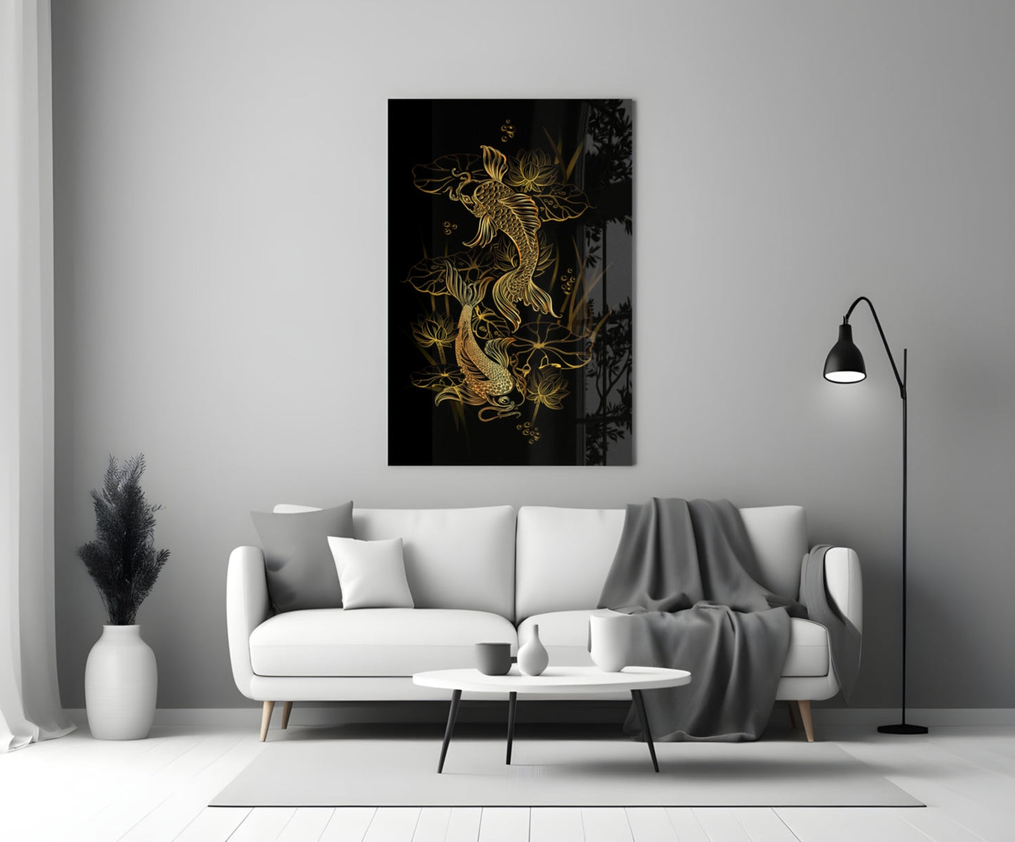 Gold and black yin-yang glass wall art with dragon motifs displayed above a white sofa in a modern living room setting.