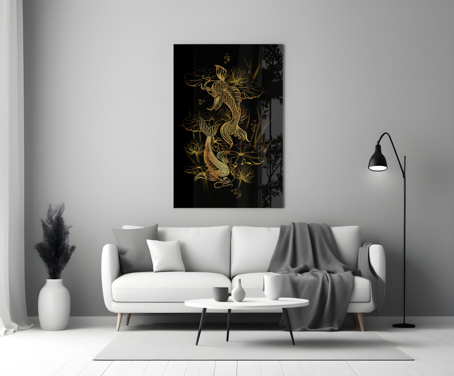 Gold and black yin-yang glass wall art with dragon motifs displayed above a white sofa in a modern living room setting.