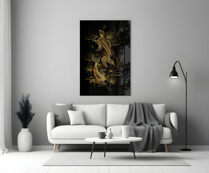 Gold and black yin-yang glass wall art with dragon motifs displayed above a white sofa in a modern living room setting.