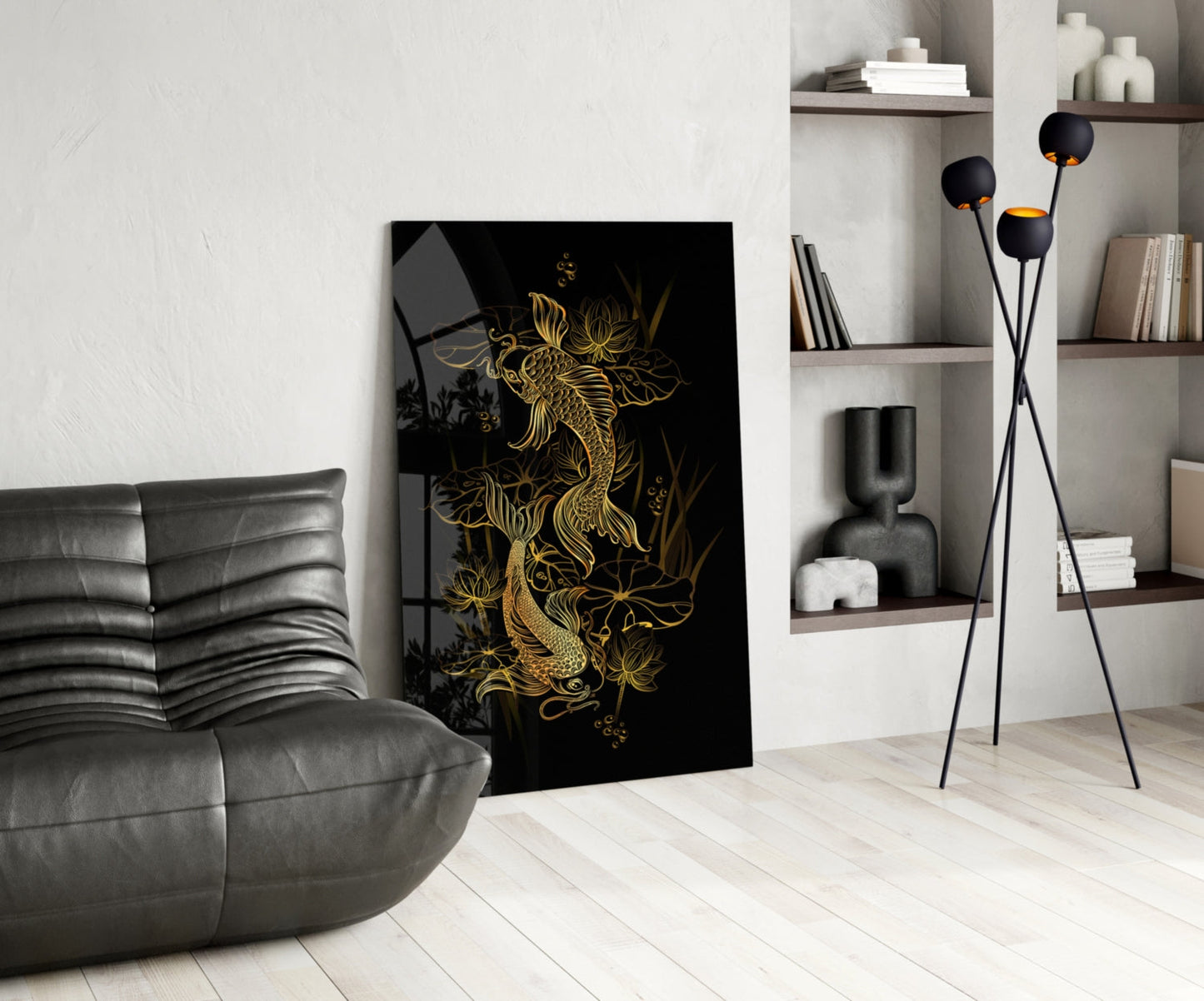 Black glass wall art featuring gold dragon and floral design displayed in modern living room with grey sofa and shelving.
