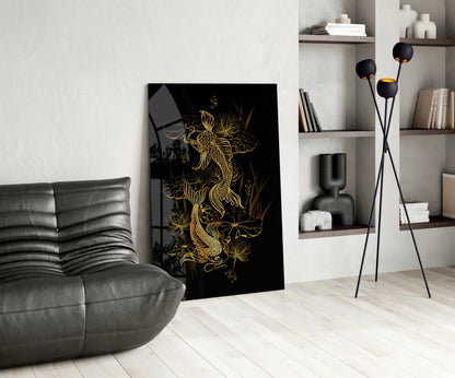 Black glass wall art featuring gold dragon and floral design displayed in modern living room with grey sofa and shelving.