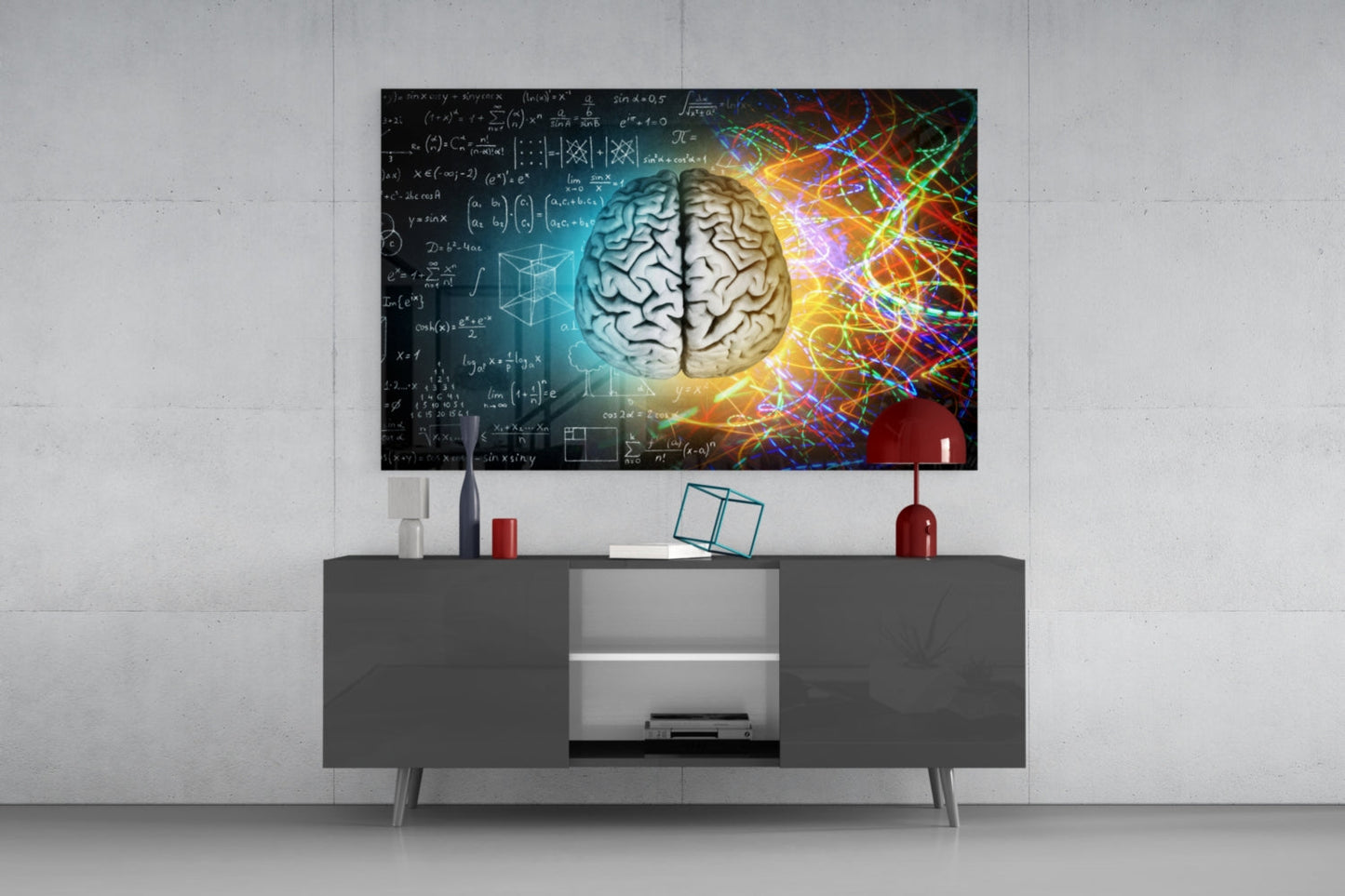 Chalk Equations and Neon Swirl Brain Glass Wall Art