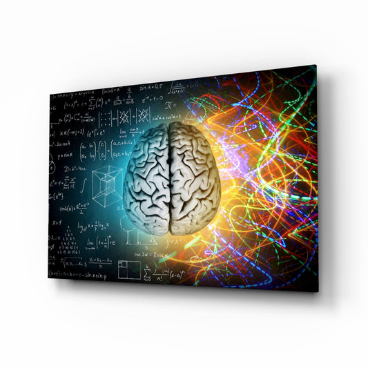 Three-dimensional angled view of glass wall art featuring a brain center with mathematical equations on dark left side and colorful neon light streaks on right side.