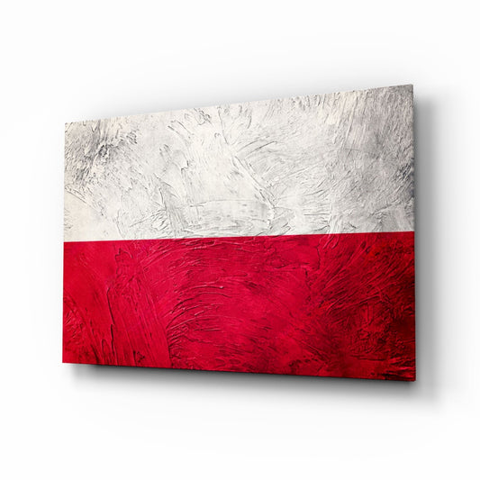 Angled perspective view of a glass wall art panel displaying Poland's white and red flag with textured brushstroke finish.