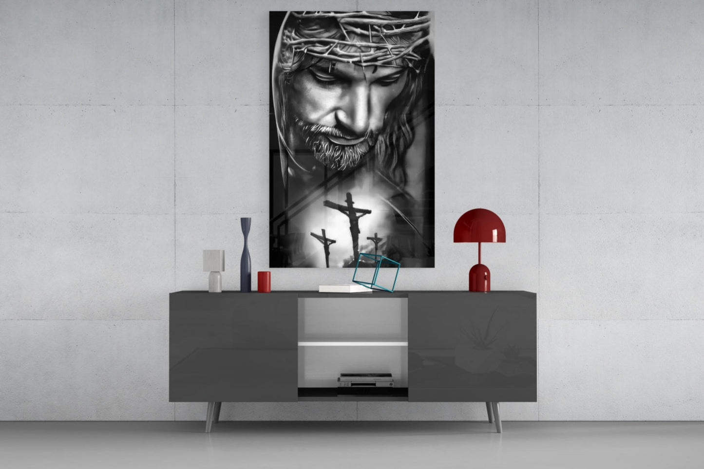 Black and White Crown of Thorns Jesus Glass Wall Art