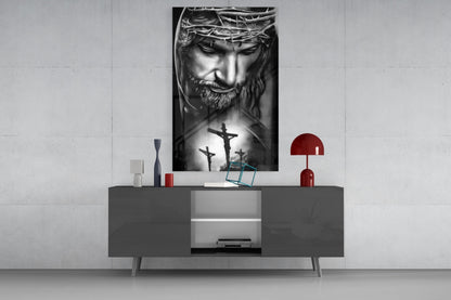 Black and White Crown of Thorns Jesus Glass Wall Art