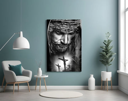 Black and White Crown of Thorns Jesus Glass Wall Art