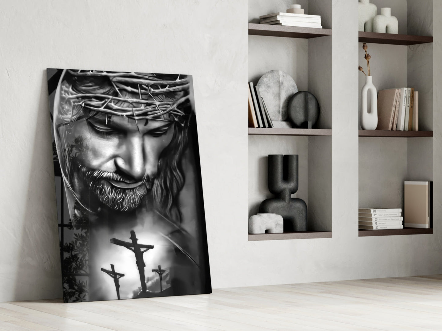 Black and White Crown of Thorns Jesus Glass Wall Art