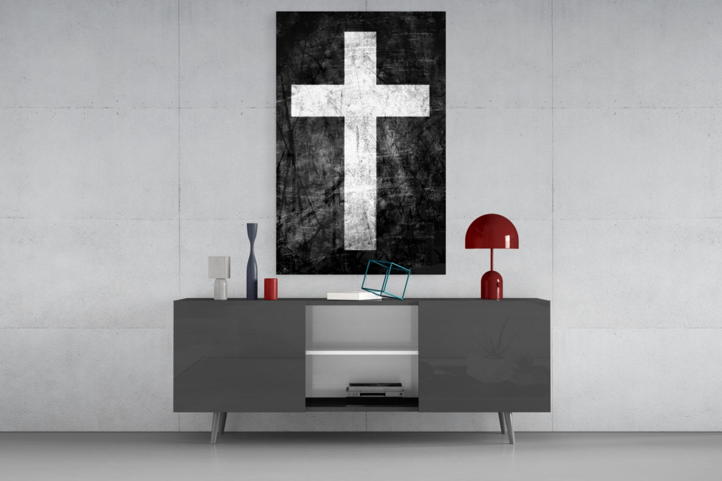 White Chalk Grunge Black Cross Glass Wall Art