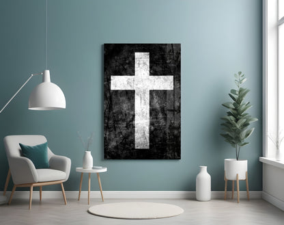 White Chalk Grunge Black Cross Glass Wall Art