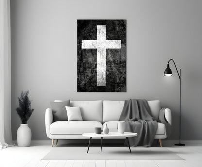 White Chalk Grunge Black Cross Glass Wall Art