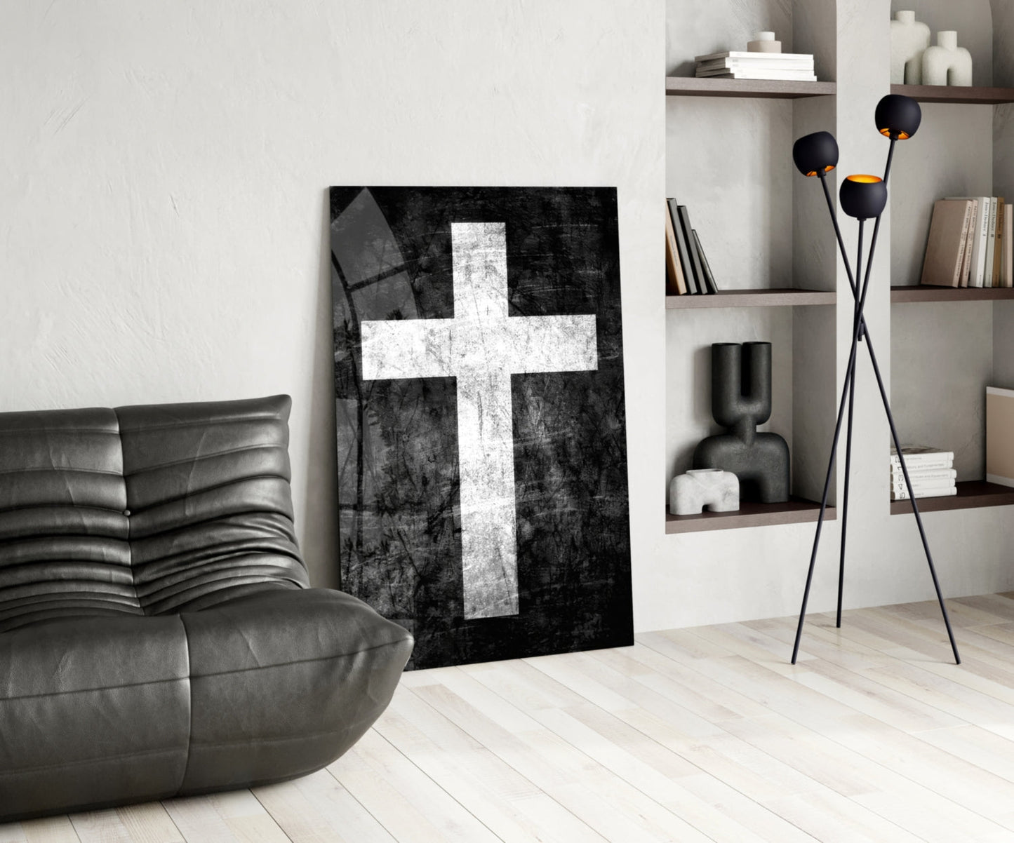 White Chalk Grunge Black Cross Glass Wall Art
