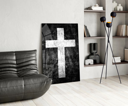 White Chalk Grunge Black Cross Glass Wall Art