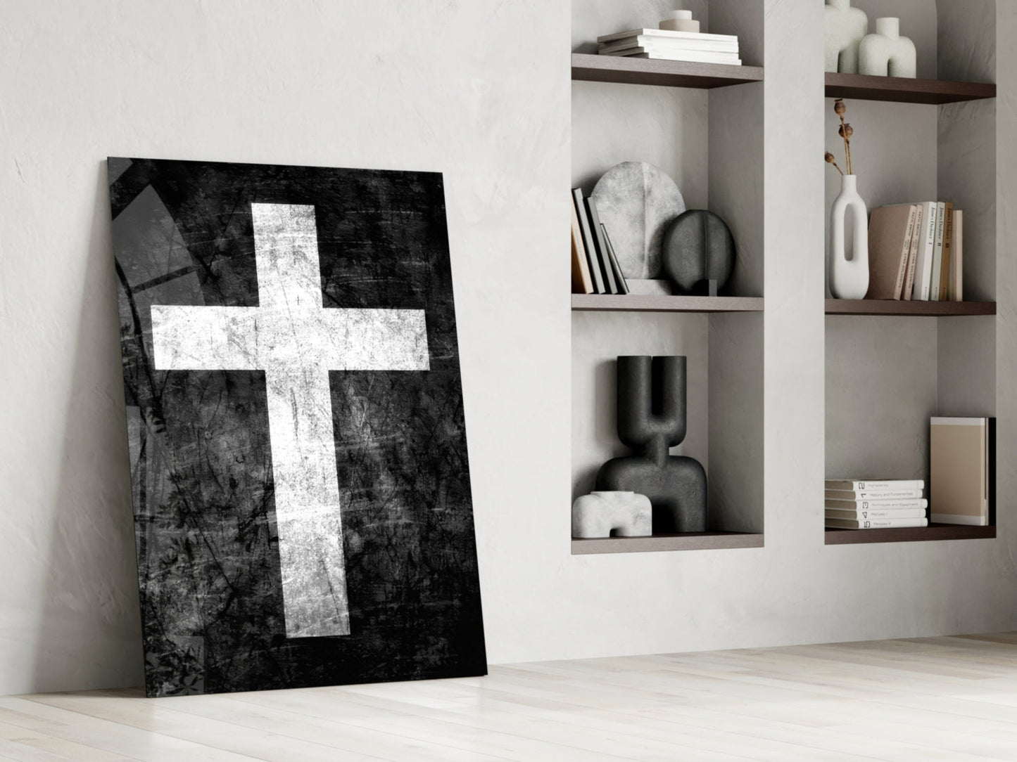 White Chalk Grunge Black Cross Glass Wall Art