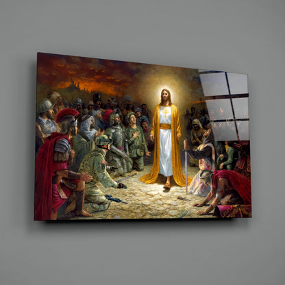 Golden Robe Among Soldiers Jesus Glass Wall Art