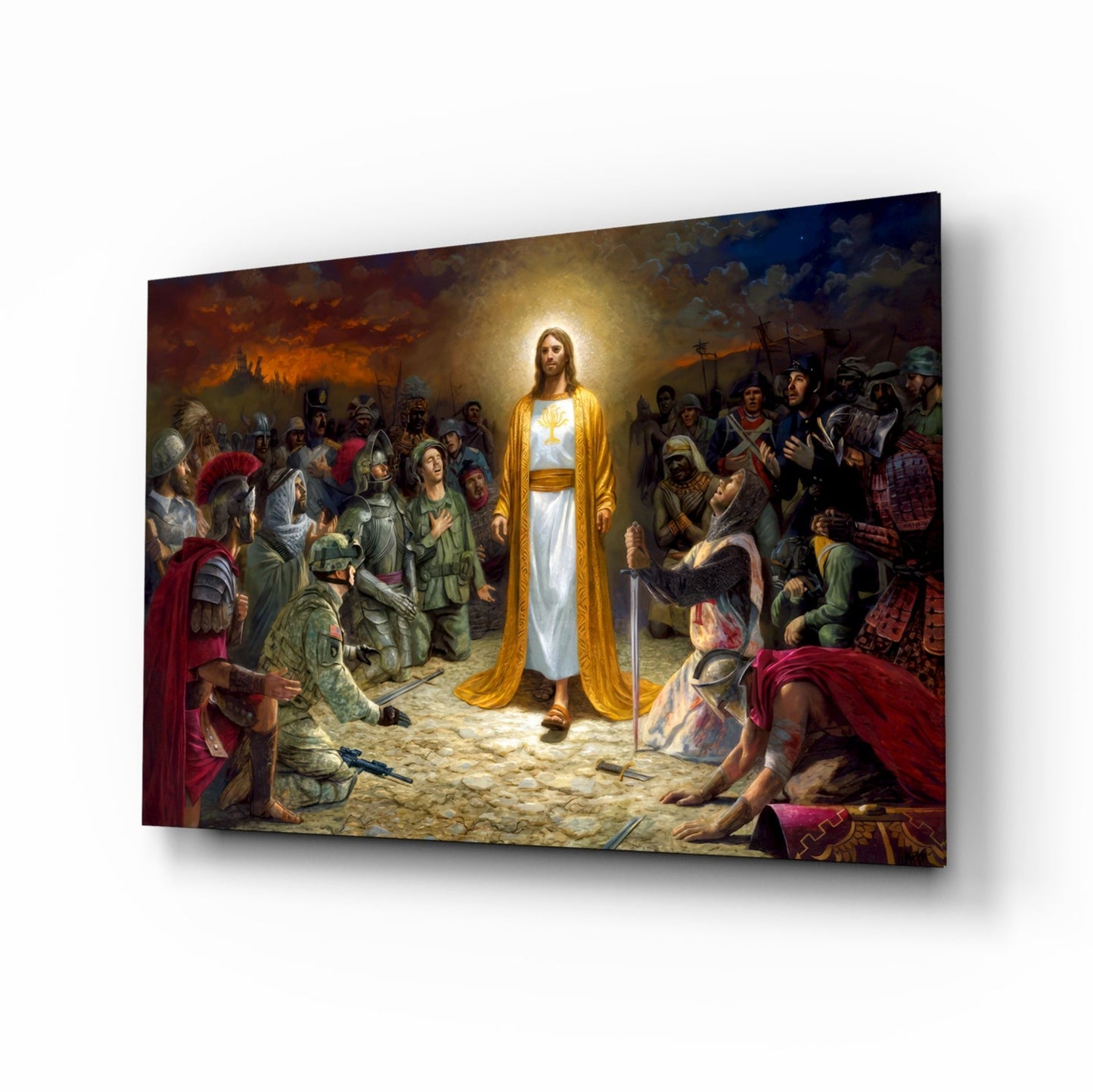 Golden Robe Among Soldiers Jesus Glass Wall Art
