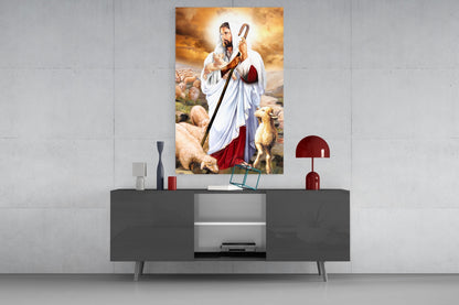 Good Shepherd With Lambs Jesus Glass Wall Art