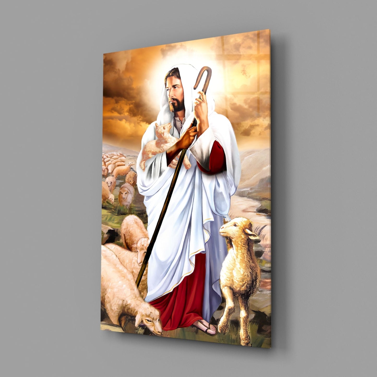 Good Shepherd With Lambs Jesus Glass Wall Art