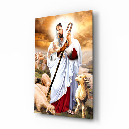 Good Shepherd With Lambs Jesus Glass Wall Art