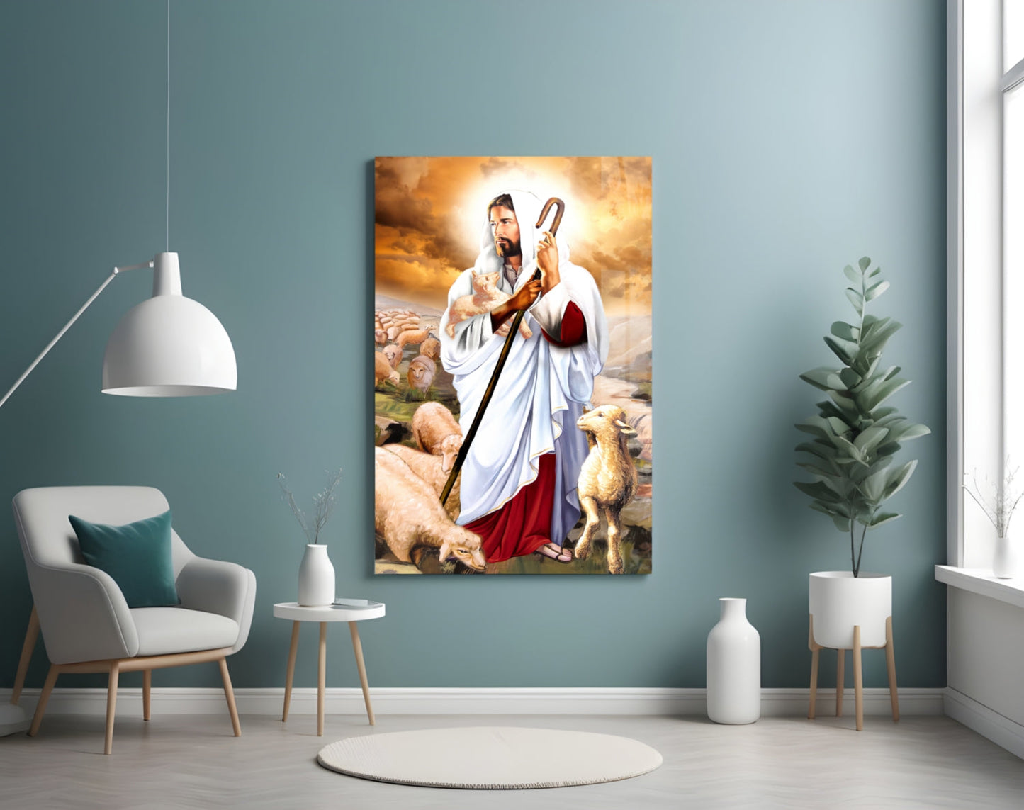 Good Shepherd With Lambs Jesus Glass Wall Art