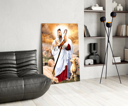 Good Shepherd With Lambs Jesus Glass Wall Art