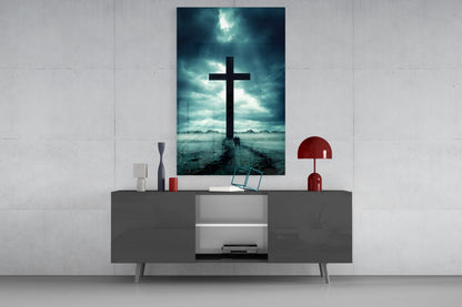 Stormy Desert Silhouette Cross Glass Wall Art