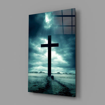 Stormy Desert Silhouette Cross Glass Wall Art