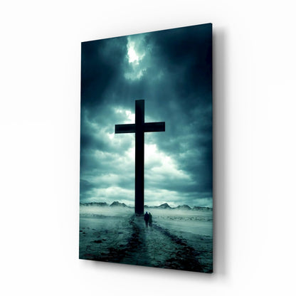 Stormy Desert Silhouette Cross Glass Wall Art