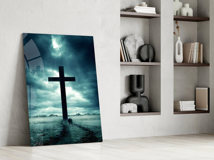 Stormy Desert Silhouette Cross Glass Wall Art