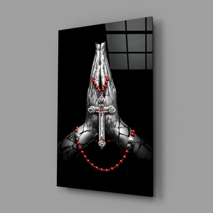 Praying Hands Red Rosary Cross Glass Wall Art