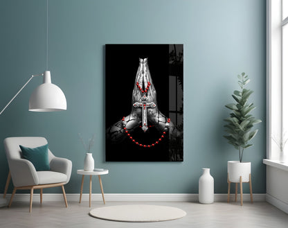 Praying Hands Red Rosary Cross Glass Wall Art