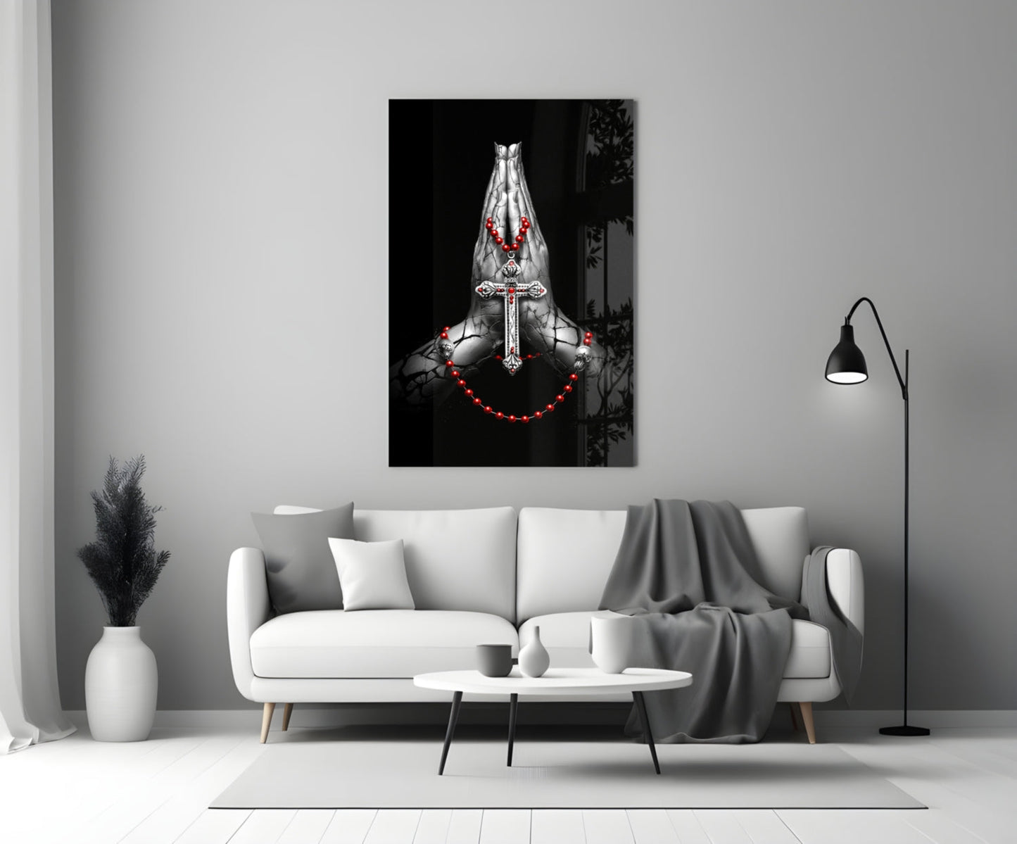 Praying Hands Red Rosary Cross Glass Wall Art