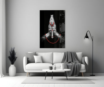 Praying Hands Red Rosary Cross Glass Wall Art