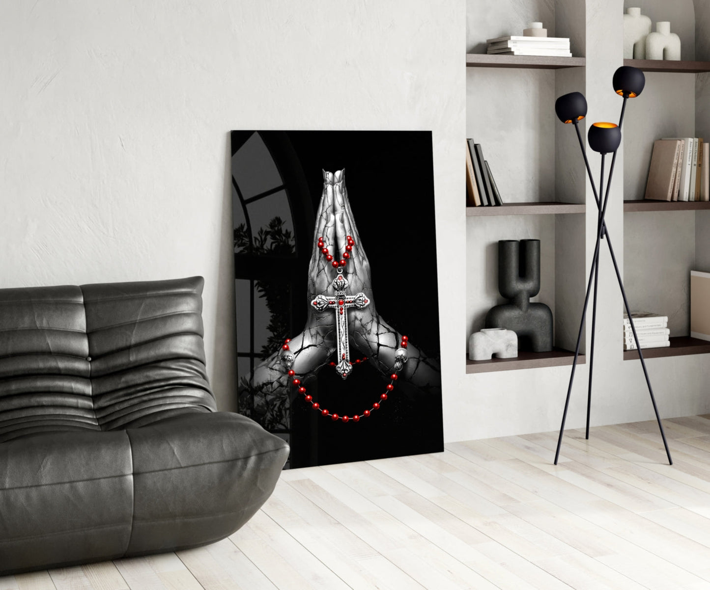 Praying Hands Red Rosary Cross Glass Wall Art