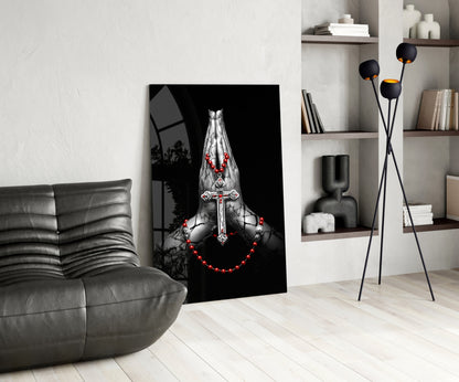 Praying Hands Red Rosary Cross Glass Wall Art