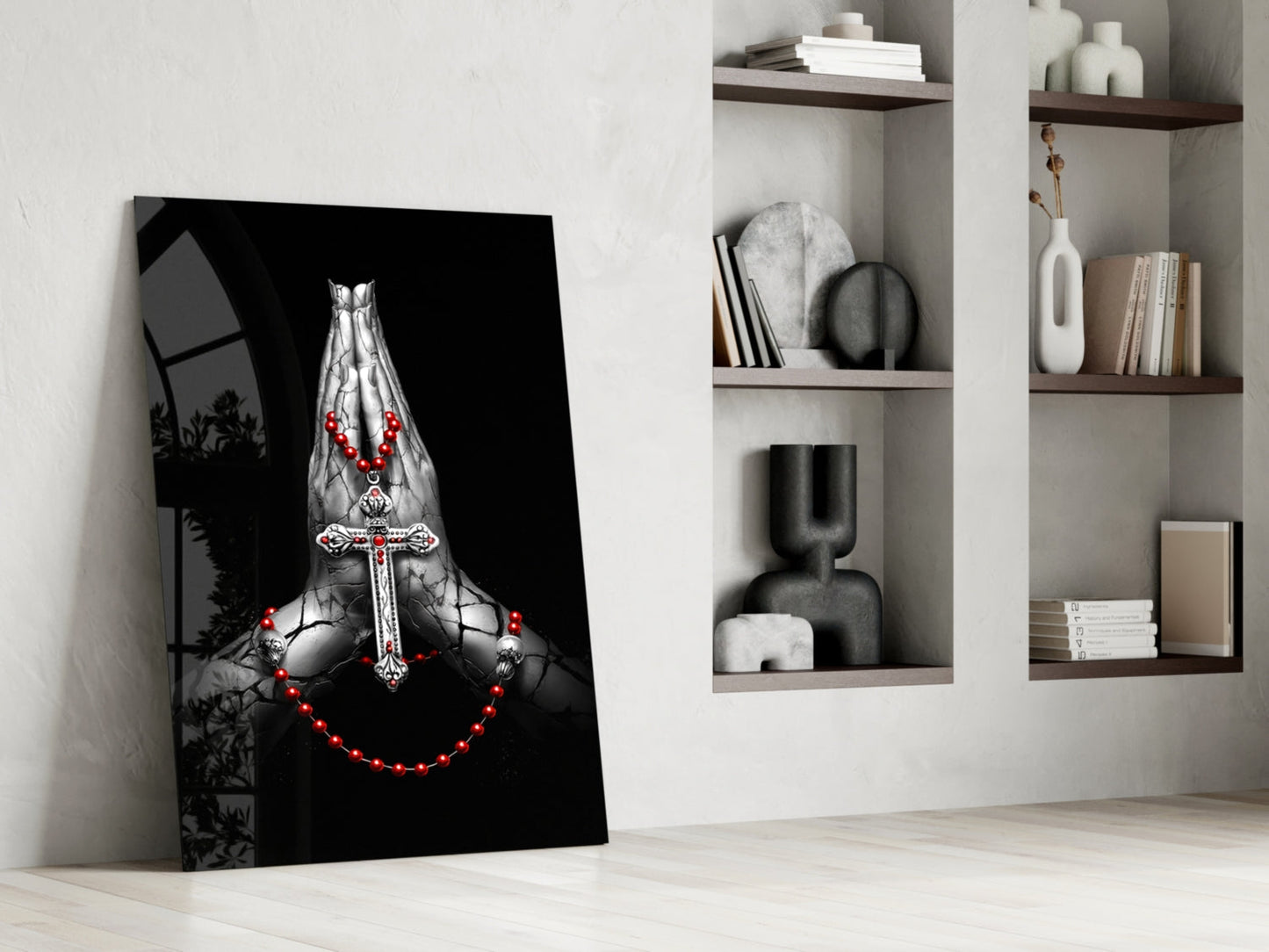 Praying Hands Red Rosary Cross Glass Wall Art