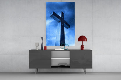 Blue Rain Stone Monument Cross Glass Wall Art