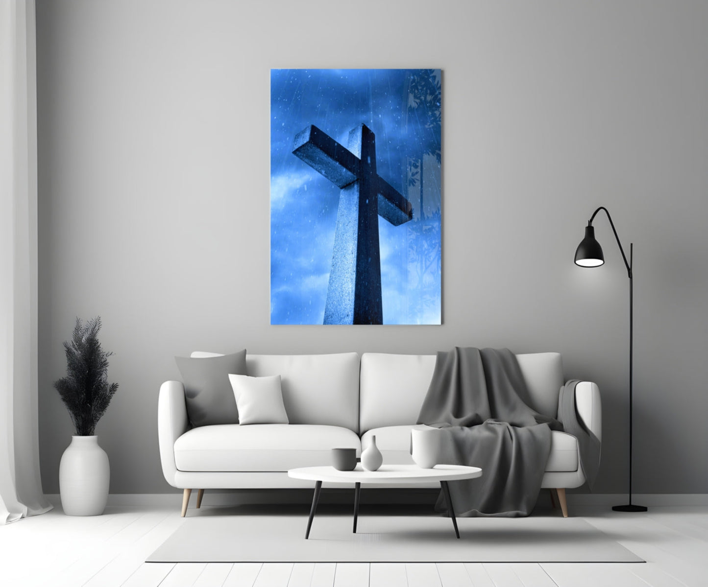 Blue Rain Stone Monument Cross Glass Wall Art