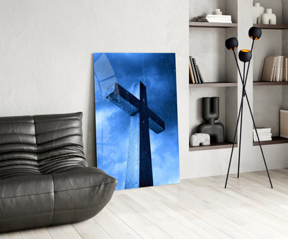 Blue Rain Stone Monument Cross Glass Wall Art