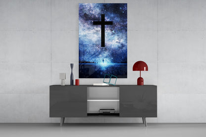 Starry Galaxy Sky Night Cross Glass Wall Art