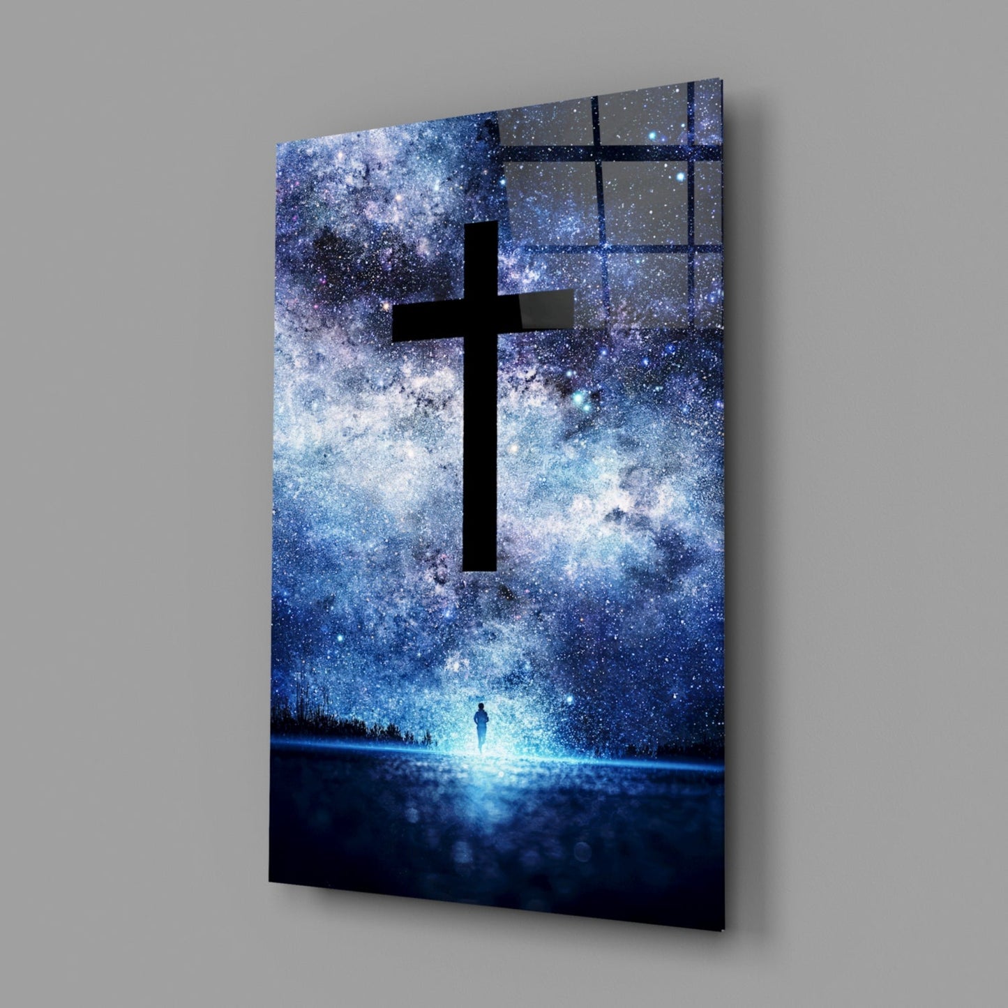 Starry Galaxy Sky Night Cross Glass Wall Art
