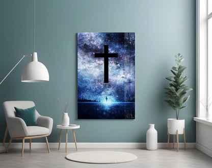 Starry Galaxy Sky Night Cross Glass Wall Art