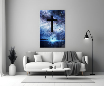 Starry Galaxy Sky Night Cross Glass Wall Art