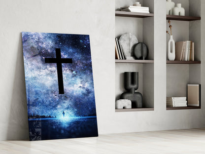 Starry Galaxy Sky Night Cross Glass Wall Art