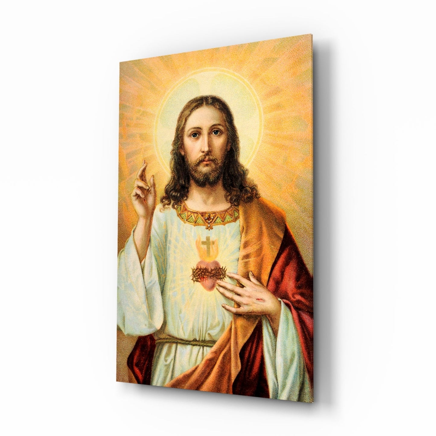 Vintage Sacred Heart Halo Jesus Glass Wall Art