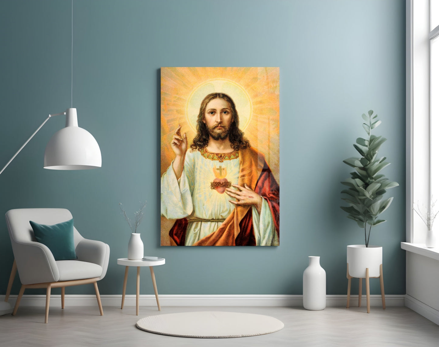 Vintage Sacred Heart Halo Jesus Glass Wall Art