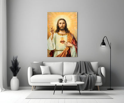 Vintage Sacred Heart Halo Jesus Glass Wall Art